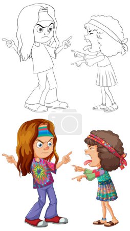 Dos niños animados discutiendo, ilustración vectorial colorido.