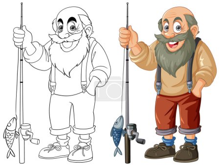 Cartoon fisherman holding a fishing rod and fish.
