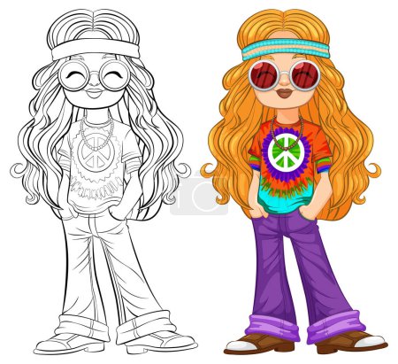 Colorful and black-and-white hippie girl vector.