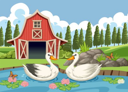 Téléchargez les illustrations : Deux canards flottant paisiblement près d'une grange rouge - en licence libre de droit