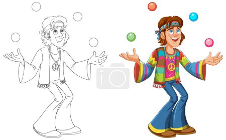 Cartoon hippie character juggling balls, before and after coloring.