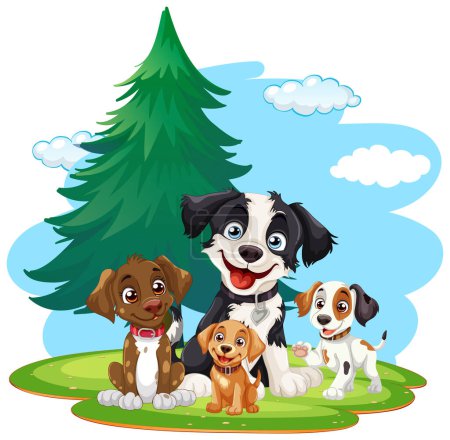 Téléchargez les illustrations : Quatre chiens de dessin animé profitant du temps ensemble à l'extérieur - en licence libre de droit