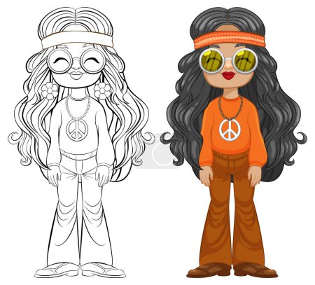 Illustration for Colorful and black-and-white 70s style girl vector. - Royalty Free Image