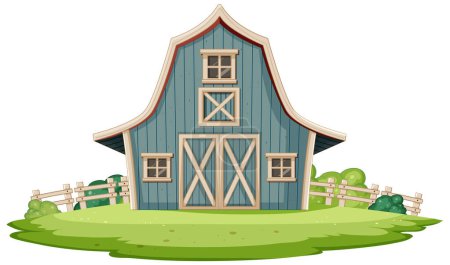 Quaint blue barn with white trim on greenery.