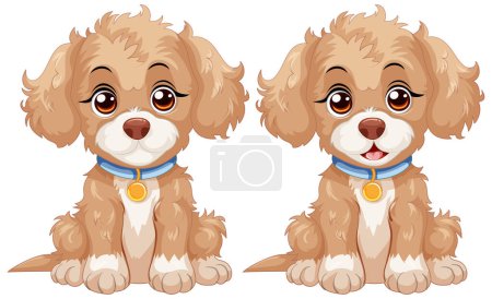 Ilustración de Dos lindos cachorros animados con collares y etiquetas - Imagen libre de derechos