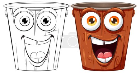 Illustration for Colorful and outlined trash bins with cheerful faces - Royalty Free Image