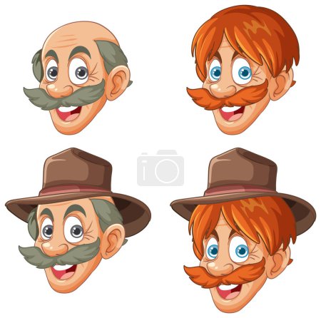 Ilustración de Cuatro caras masculinas de dibujos animados con diferentes expresiones. - Imagen libre de derechos