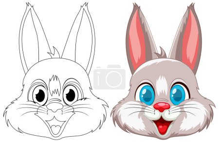 Illustration of rabbit transformation from line art to color.