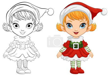 Téléchargez les illustrations : Illustration vectorielle et croquis d'un elfe de Noël joyeux. - en licence libre de droit