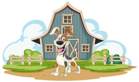 Ilustración de Alegre perro de pie frente a un granero - Imagen libre de derechos