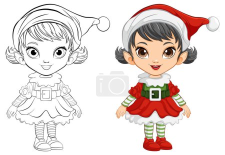 Téléchargez les illustrations : Fille elfe colorée et esquissée en tenue de Noël. - en licence libre de droit