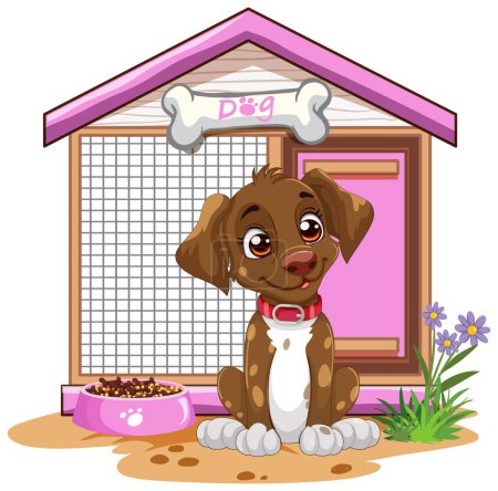 Illustration for A cheerful puppy sitting by its kennel and food bowl. - Royalty Free Image