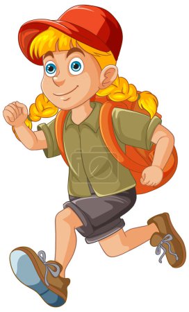 Téléchargez les illustrations : Cartoon girl courir avec un sac à dos et casquette. - en licence libre de droit