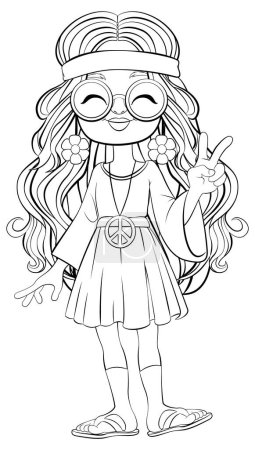 Illustration for Cartoon hippie girl with peace sign and sunglasses. - Royalty Free Image
