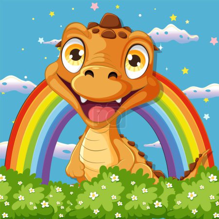 Happy cartoon dragon with vibrant rainbow wings