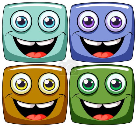 Ilustración de Cuatro vibrantes caras cuadradas sonrientes ilustración. - Imagen libre de derechos