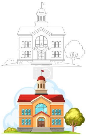 Vektorillustration eines Schulhauses in zwei Stilen.
