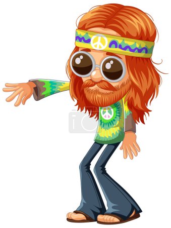hippie bande dessinée avec barbe, lunettes de soleil, et signe de paix.