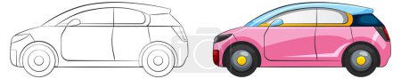 Illustration for Vector transition from line art to colored vehicle - Royalty Free Image