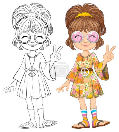 Illustration for Two girls posing with peace signs, colorful attire. - Royalty Free Image