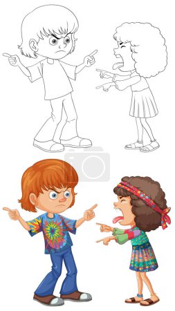Dos niños de dibujos animados discutiendo, versiones coloridas y esbozadas.