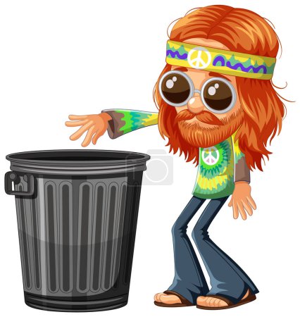 Personaje hippie de dibujos animados junto a un cubo de basura.