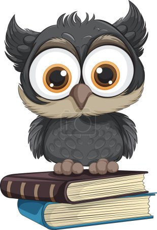 Cute cartoon owl perched on a pile of books