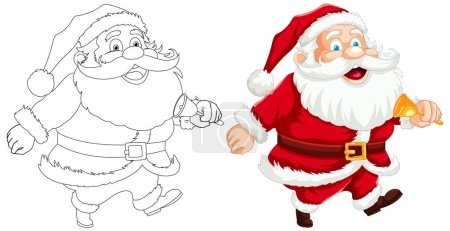 Illustration for Black and white and colored Santa illustrations side by side. - Royalty Free Image