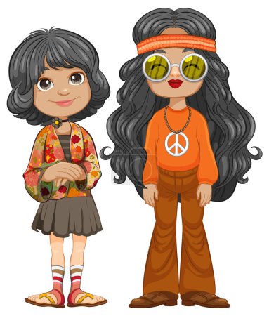 Téléchargez les illustrations : Deux personnages de dessins animés habillés en tenue des années 1970. - en licence libre de droit