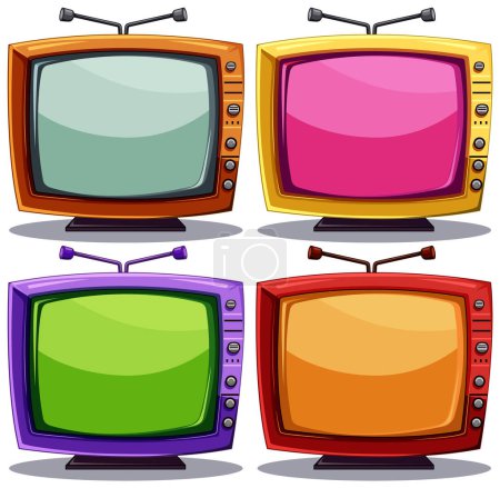 Vier lebendige Vintage-Fernseher mit unterschiedlich farbigen Bildschirmen