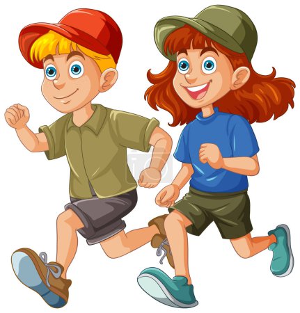 Téléchargez les illustrations : Deux enfants de dessin animé courir joyeusement côte à côte. - en licence libre de droit