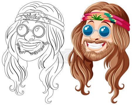 Ilustración de Colorido y línea de arte hippie personaje con diadema. - Imagen libre de derechos