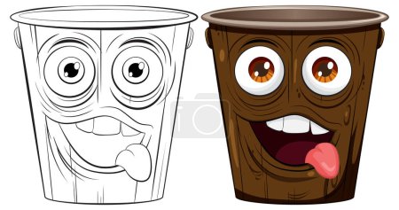 Illustration for Two cartoon coffee cups showing different emotions. - Royalty Free Image