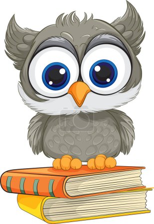Cute cartoon owl sitting on colorful books illustration