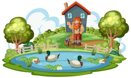 Cheerful giant fishing by a serene pond with ducks.