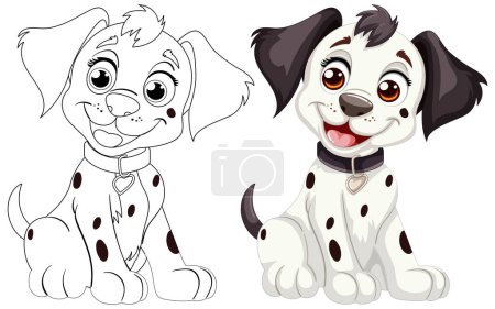 Illustration for Two cartoon Dalmatian puppies smiling happily. - Royalty Free Image