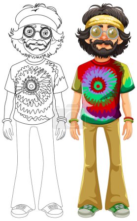 Illustration for Colorful and black-and-white hippie characters side by side. - Royalty Free Image