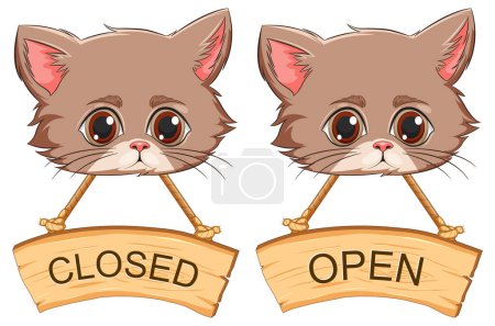 Dos gatos de dibujos animados sosteniendo letreros abiertos y cerrados de madera.