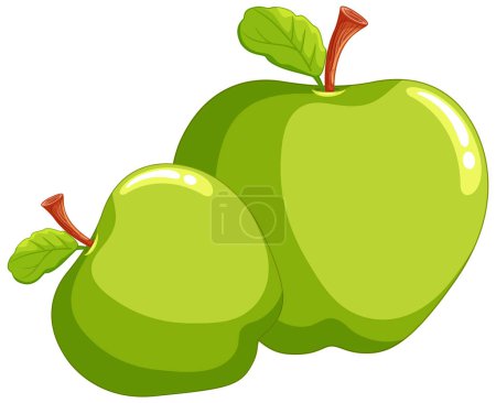 Two shiny green apples with leaves attached