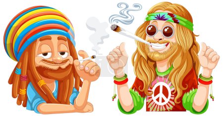 Téléchargez les photos : Deux hippies de dessin animé fumant et souriant ensemble. - en image libre de droit