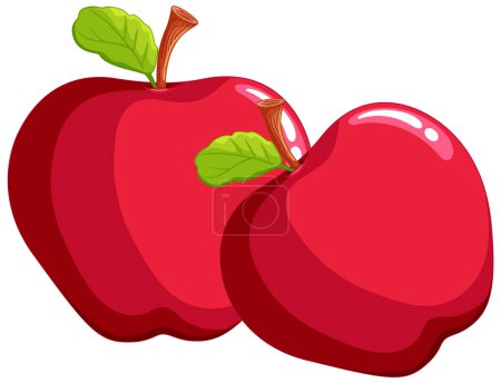 Ilustración de Dos manzanas rojas brillantes con hojas verdes - Imagen libre de derechos