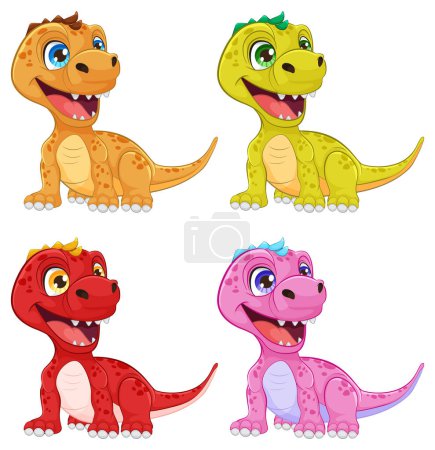 Ilustración de Cuatro dinosaurios alegres en colores vibrantes sonriendo. - Imagen libre de derechos