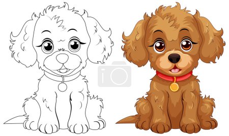 Ilustración de Dos lindos cachorros de dibujos animados con expresiones lúdicas - Imagen libre de derechos