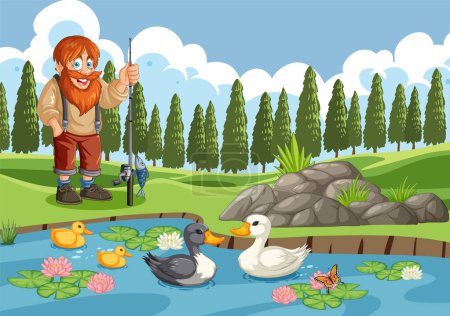 Happy fisherman with ducks in a serene pond setting