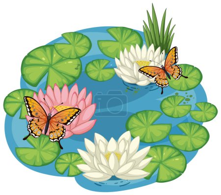 Téléchargez les photos : Papillons colorés planant sur l'étang de nénuphars - en image libre de droit