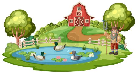 Téléchargez les photos : Illustration d'un agriculteur avec des canards dans un étang - en image libre de droit