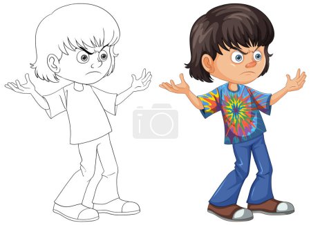 Illustration for Cartoon boy with a puzzled expression in color and outline. - Royalty Free Image