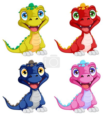 Téléchargez les illustrations : Quatre bébés dinosaures mignons souriant joyeusement. - en licence libre de droit