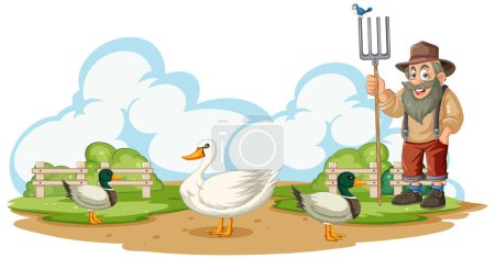Cheerful farmer standing with ducks on a farm