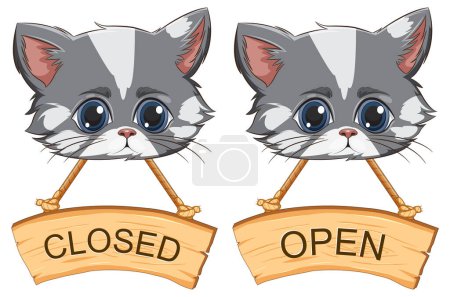 Illustration for Two adorable kittens holding wooden signs. - Royalty Free Image